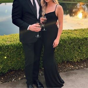 Lulus Surely a Stunner Black Cowl Neck Asymmetrical Mermaid Maxi Dress